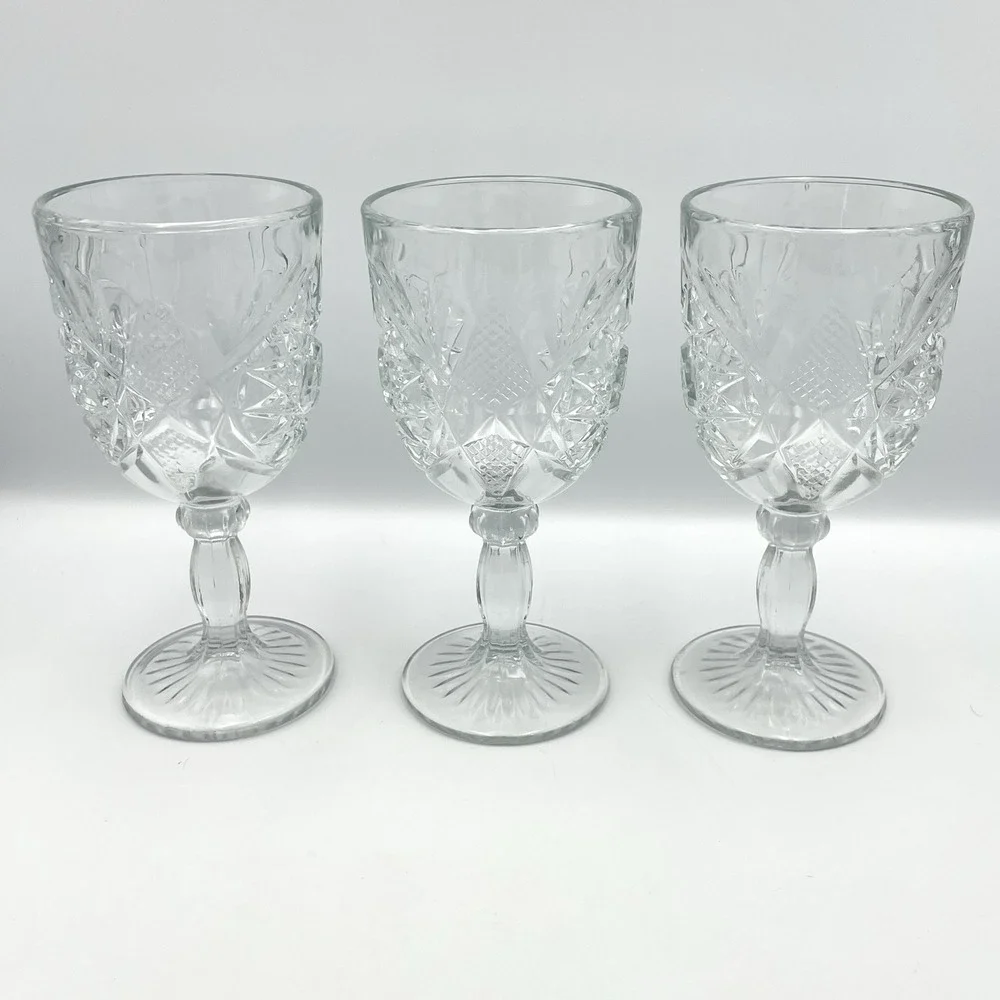 Vintage Pressed Glass‎ Goblets Starburst Pattern Water Wine Glasses Set 3